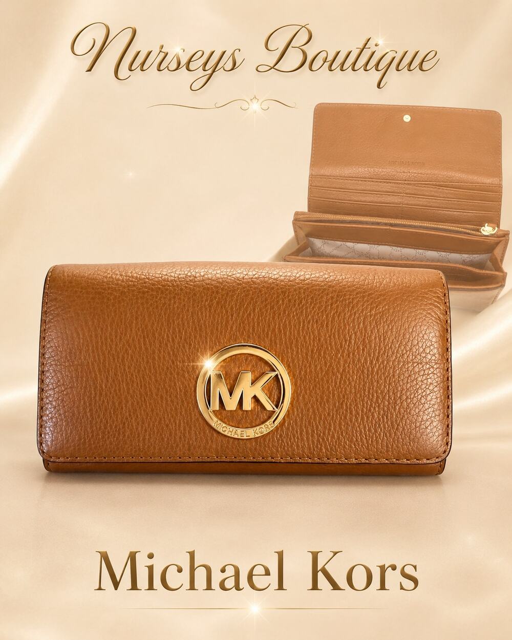 Michael Kors Brown Pebbled Leather Continental Wallet Gold MK Logo